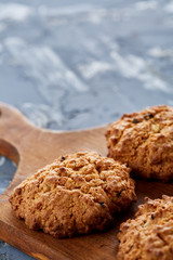 Top view close-up picture of tasty cookies on the cutting board, shallow depth of field, selective focus