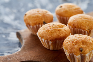 Top view close-up picture of tasty muffins on the cutting board, shallow depth of field, selective focus
