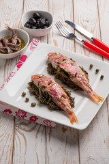 red mullet with sauteed endive capers and black olives