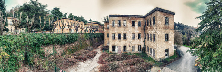 Fototapeta na wymiar Volterra, Italy. Beautiful aerial panoramic view of ancient and abandoned buildings
