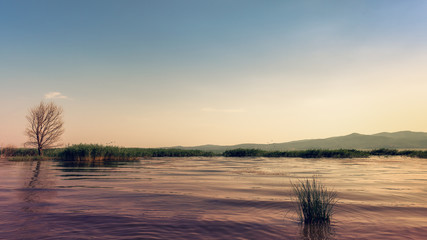 Tranquil evening at lake. Sunset at Dojran lake, FYR Macedonia.