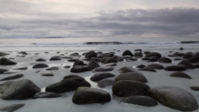 On the beach in Bleik, Lofoten island, Norway. Puffins island. Nature reserve.