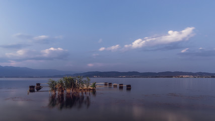 Tranquil evening at lake. Sunset at Dojran lake, FYR Macedonia.
