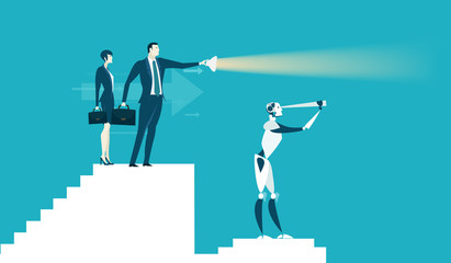 Fototapeta premium Robot and human working together. Robots VS Humans