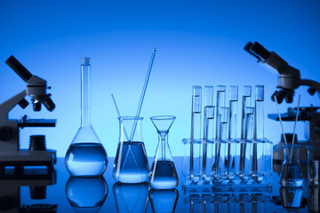 Science Concept. Laboratory Research and Development. Scientific glassware for chemical experiment....