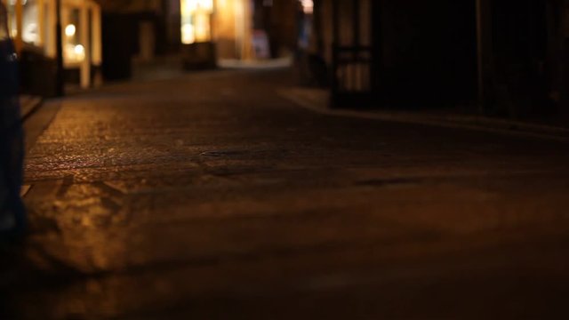 夜の石畳・人物・タクシー(京都)