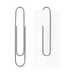 Vector realistic image of a paper clip. The paper clip is silvery. Clip on a sheet of paper. Vector EPS 10