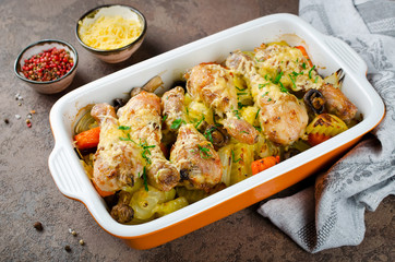 Chicken legs with potatoes, mushrooms, onions and carrots