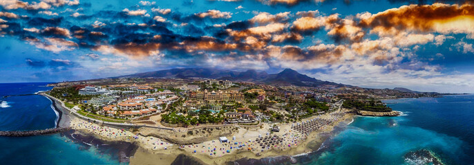 Aerial panoramic view of Las Americas Beach in Tenerife, Spain