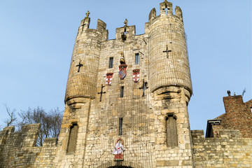 The Entrance Gate at Micklegate Bar, in the city of York in Yorkshire, England in the United...