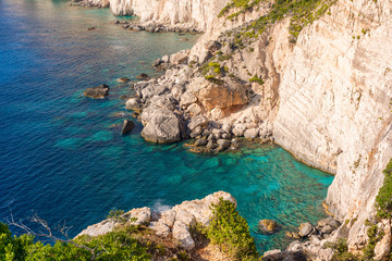 Rocks and blue water in Plakaki cape on western coast of Zakynthos island.
