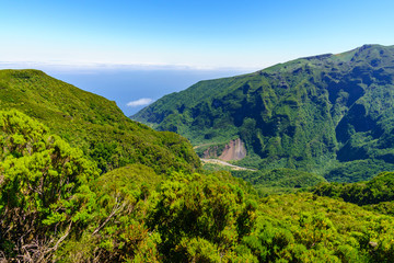 Portrait view of the mountains from the Mirador Enumeada viewpoint in mountains of Madeira, Portugal.