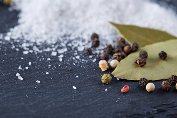 Composition of bay laurel leaf with peppercorn and salt isolated on dark background, top view, close-up, selective focus