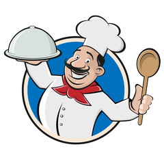 funny restaurant chef with cloche and spoon