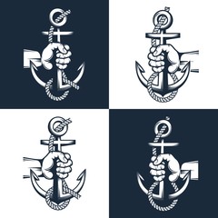 Sailor hand holds an anchor with rope -  nautical sign,  tattoo. Two options on dark and light background.