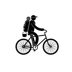 Pictogram tourist with large backpack rides bicycle