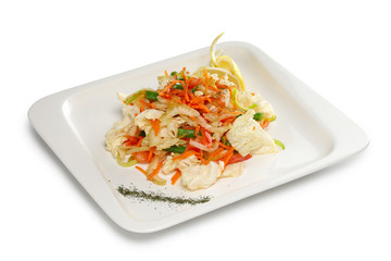 Layout for menu. Spring salad with fresh cabbage, carrot, bell pepper and beans isolated on white.
