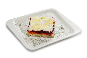 Layout for menu. Salad with herrings, beetroot, boiled potato and carrot.