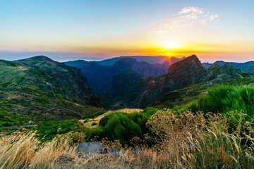 Sunset shot from the top of Pico do Arieiro Madeira island in Portugal showing