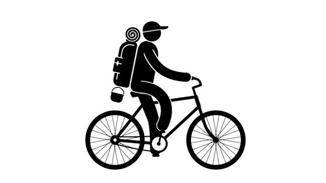 Pictogram cyclist tourist with large backpack rides bike on  hike. Looped animation with alpha channel.