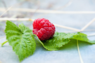 Raspberry with green leaf.