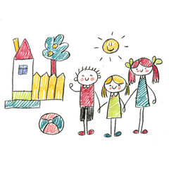 Small children play and study. Kids drawing style illustration. Kindergarten, school, nursery children. Happy summer vacation