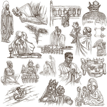 Religion, Spirit Life, Religious - An hand drawn collection on white background.