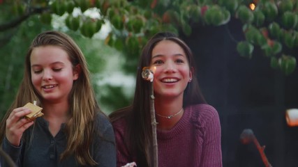Teenage friends making s’mores around a fire outdoors