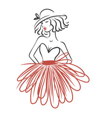 Fototapeta premium Silhouette of woman in red dress and hat isolated on white. Fashion vector illustration. Logo for atelier