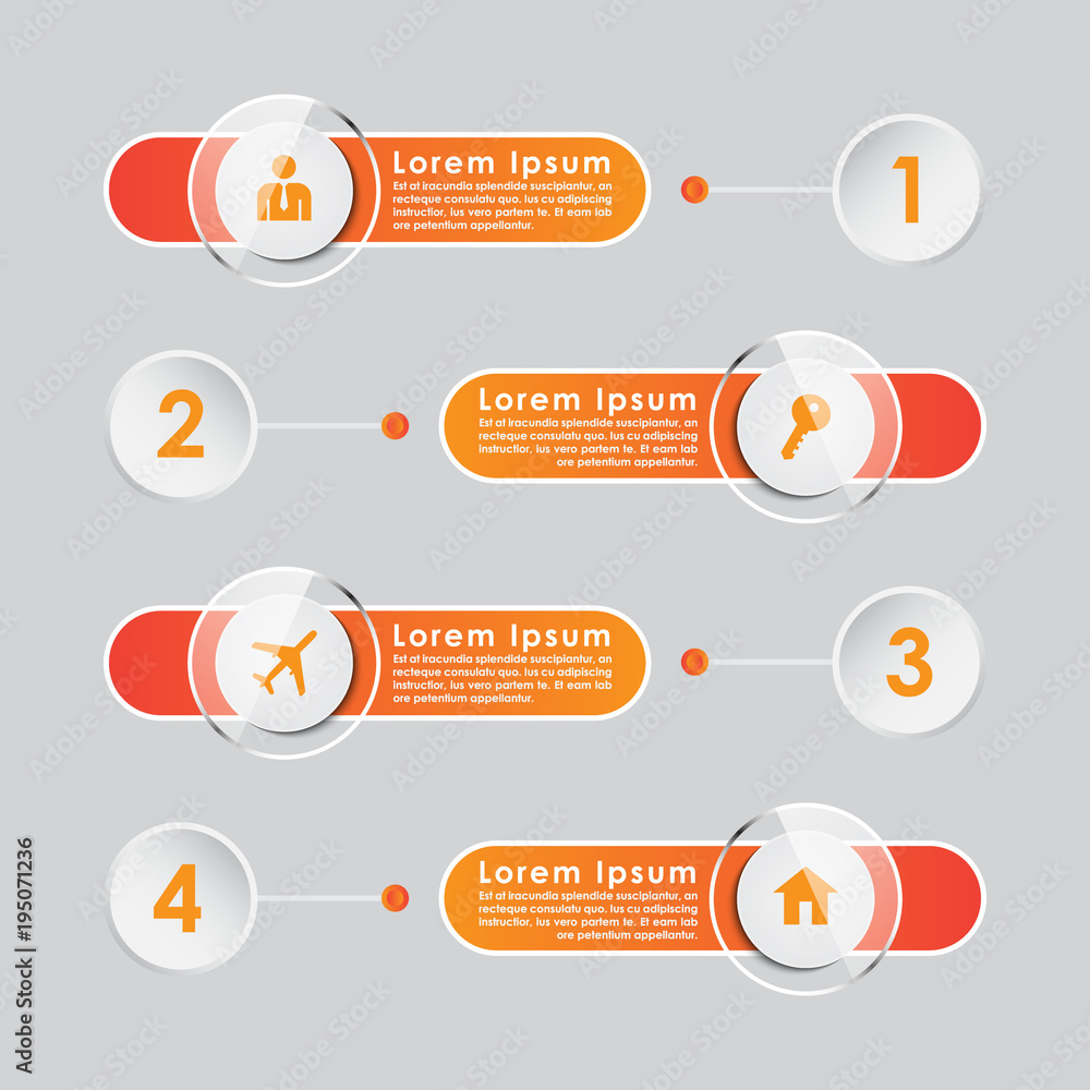 Poster four step infographic chart or diagram in red and orange colors isolated on gray background. businec