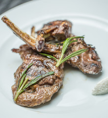Rack of lamb with a sprig of rosemary, close-up photo