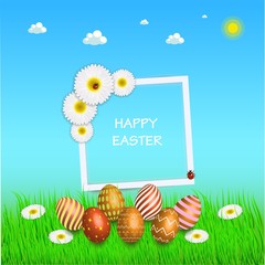 Easter sale banner background template with beautiful colorful spring flowers and eggs. Flat isolated vector illustration on a white background.