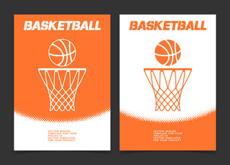 Basketball brochure or web banner design with ball and hoop icon
