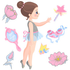 Vector illustration of little ballerina and other related items magic wand, star, glitters, flower of rose, mirror, crown, tiara.