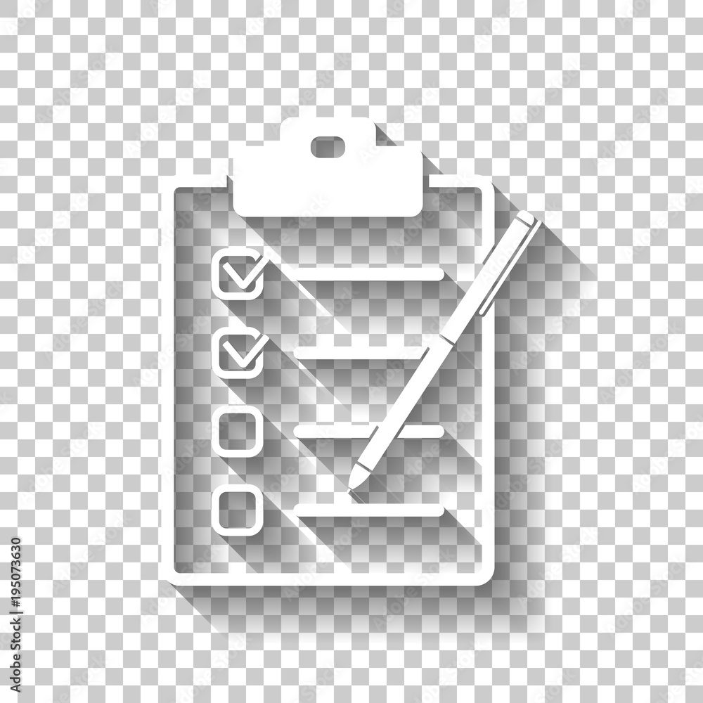 Poster checklist with pen icon. white icon with shadow on transparent background