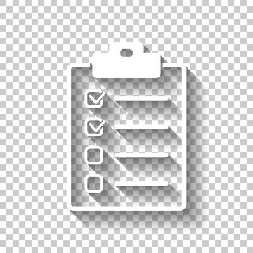 Checklist Icon. White Icon With Shadow On Transparent Background