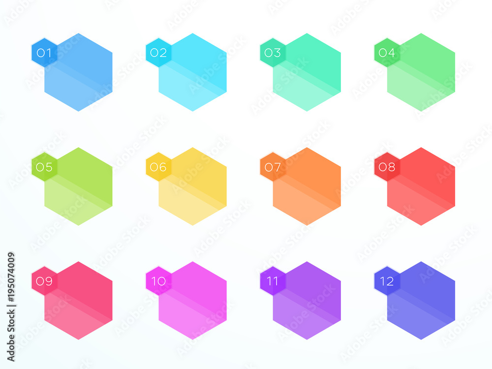 Poster numbered flat hexagon text boxes 1 to 12 vector