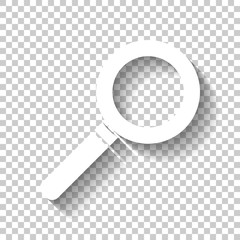 magnifying glass icon. White icon with shadow on transparent background