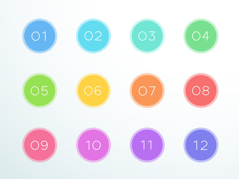 Bullet Point Clear Flat Circle Number 1, 10 and 12 Vector