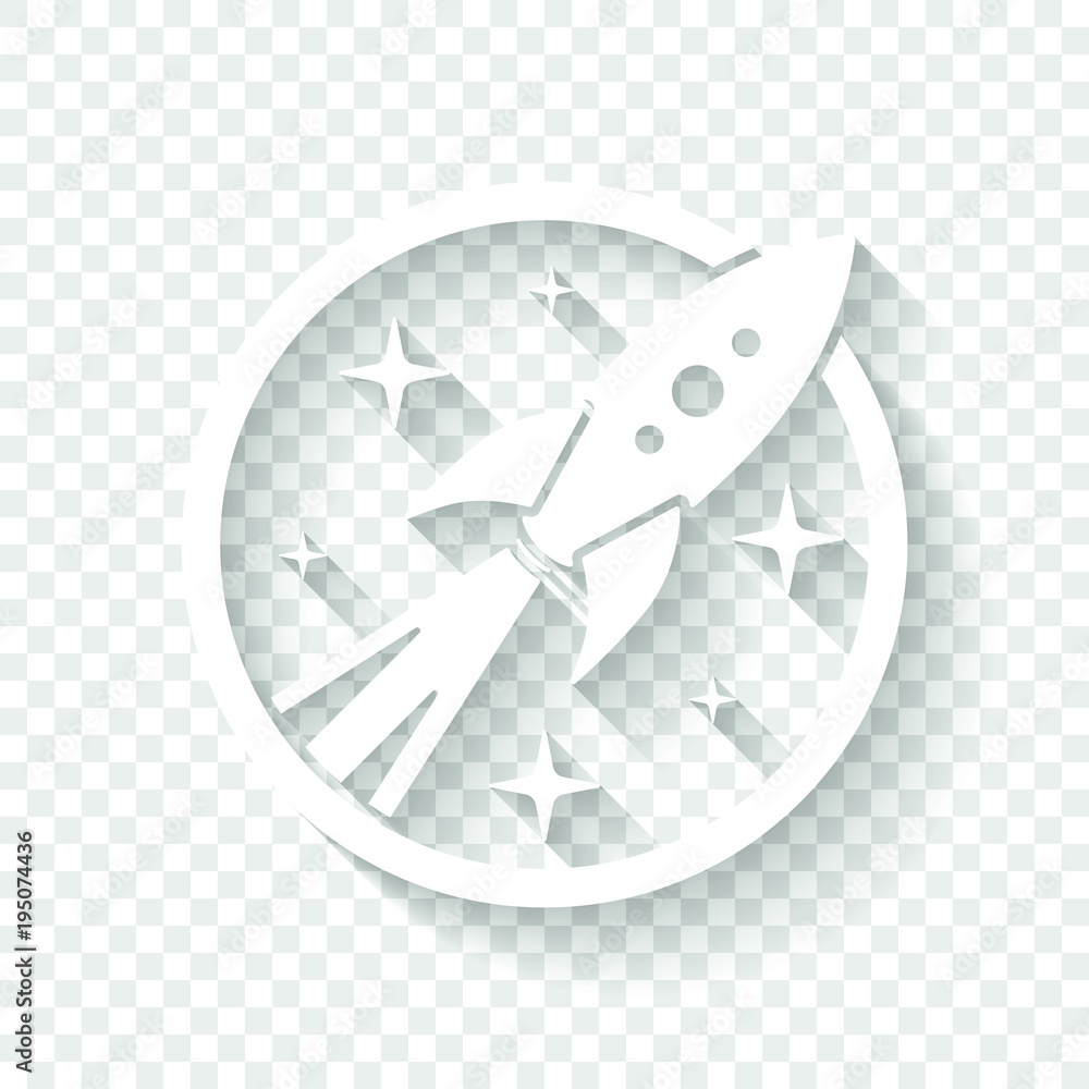 Poster rocket launch with stars in circle icon. white icon with shadow on transparent background
