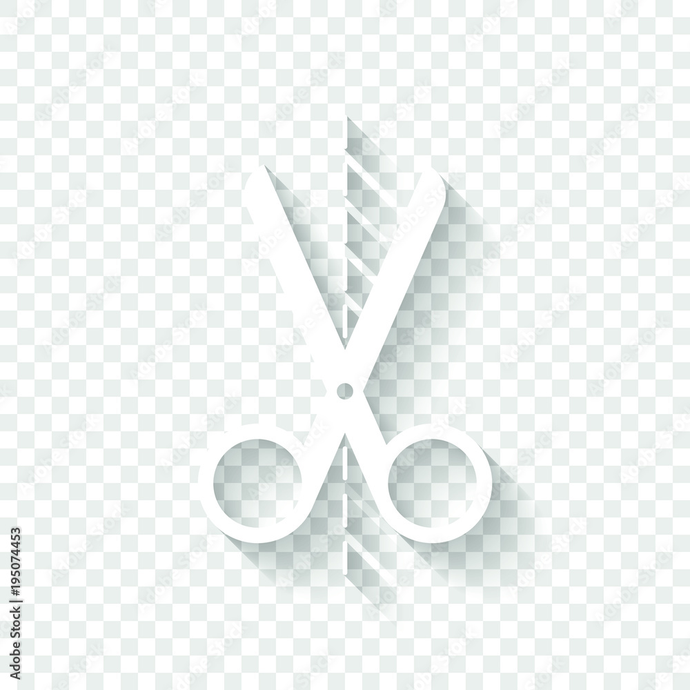 Poster scissors icon. white icon with shadow on transparent background