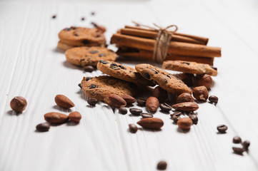 Homemade cookies dessert. Chocolate chip, oatmeal raisin, dough and nuts. Copy text menu food background.