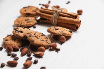 Homemade cookies dessert. Chocolate chip, oatmeal raisin, dough and nuts. Copy text menu food background.