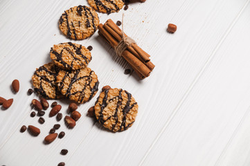 Homemade cookies dessert. Chocolate chip, oatmeal raisin, dough and nuts. Copy text menu food background.