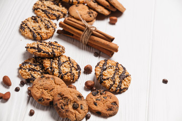 Homemade cookies dessert. Chocolate chip, oatmeal raisin, dough and nuts. Copy text menu food background.