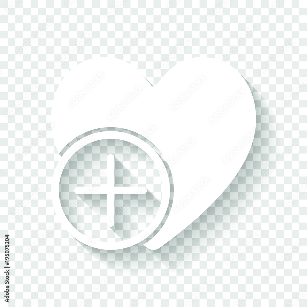 Poster heart and plus. simple silhouette. white icon with shadow on transparent background