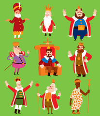 King vector illustration set. Fantasy royalty medieval cartoon monarch fun comic set. Fairytale prince costume kings different kingdom male character with gold crown and throne
