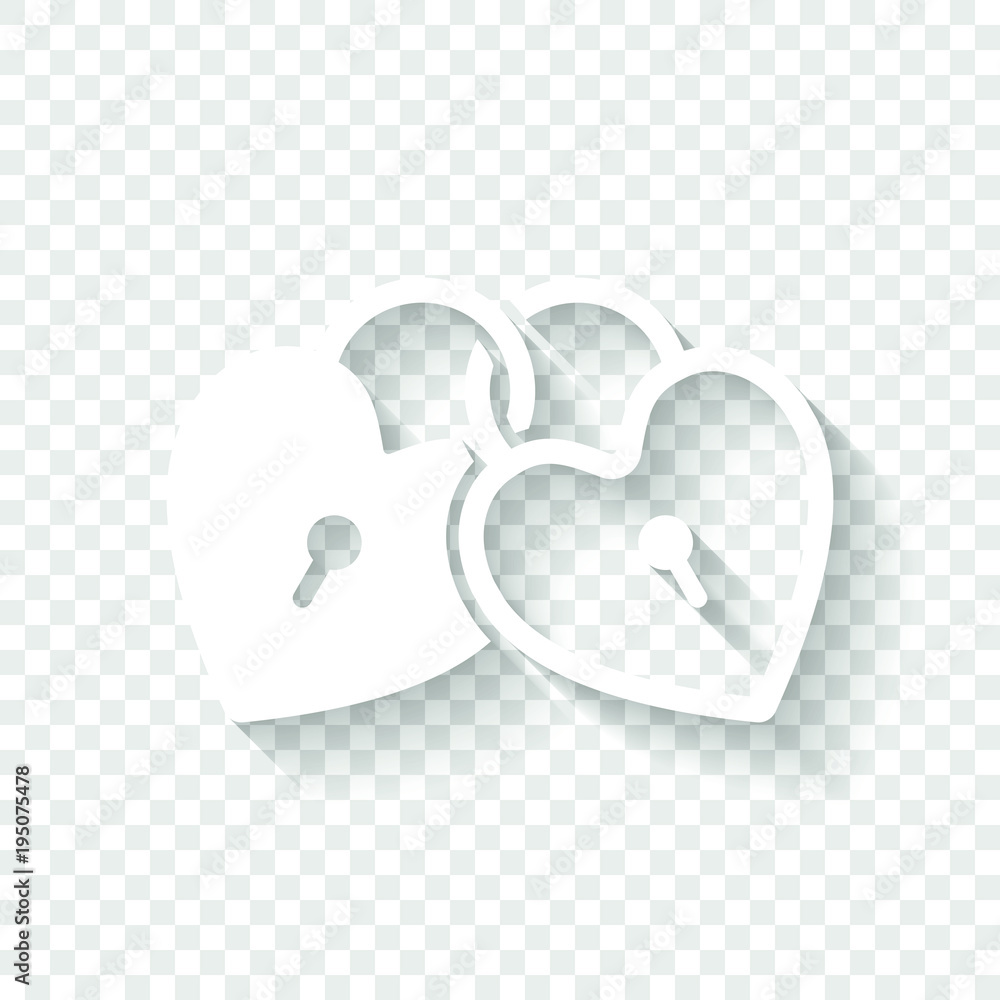Poster linked hearts, lock icon. white icon with shadow on transparent background