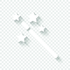 magic wand with stars. simple silhouette. White icon with shadow on transparent background