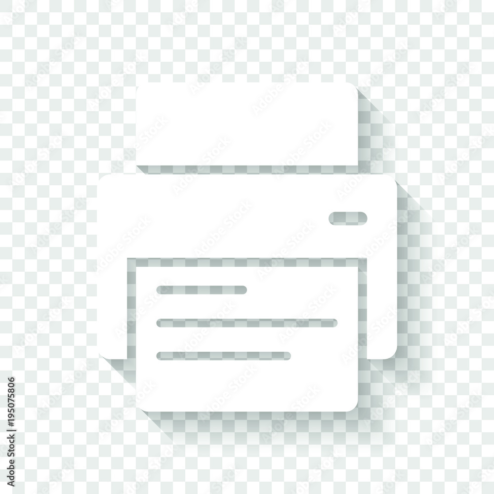 Poster printer and paper. white icon with shadow on transparent background